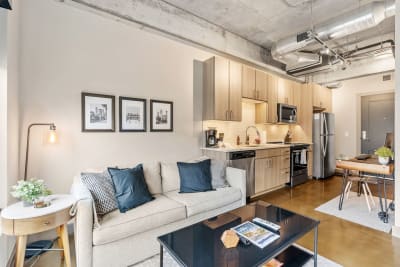 Stylish studio apartment featuring a couch, kitchen, and decorative elements.