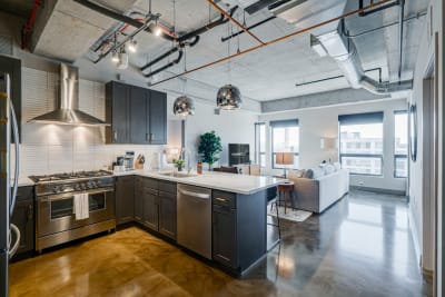 A contemporary apartment featuring an open kitchen with dark cabinets and a light-filled living space.