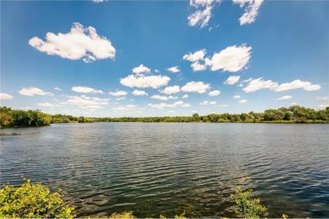 A peaceful lake surrounded by green trees and a blue sky with clouds.