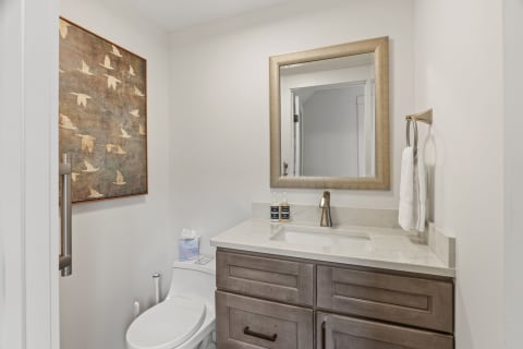 A stylish bathroom with a light wood vanity, a large mirror, and decorative artwork.