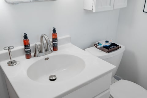 A bathroom sink with hand soap and lotion bottles beside a toilet holding toiletries.