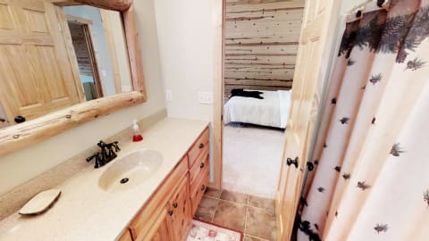 Interior view of a rustic bathroom leading to a cozy bedroom with a cat resting on the bed.