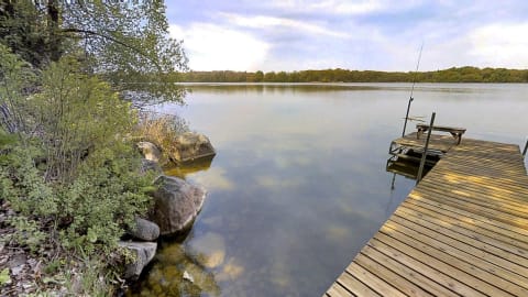 Lakeside view with a wooden dock and surrounding greenery.