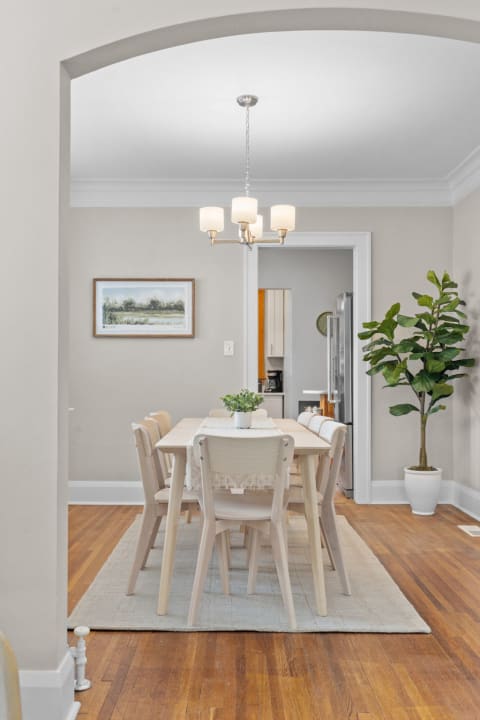 A well-lit dining room showcasing a wooden table, light chairs, a chandelier, and a potted plant.