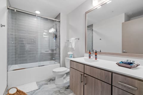 A contemporary bathroom featuring a glass shower enclosure, modern vanity, and stylish decor.