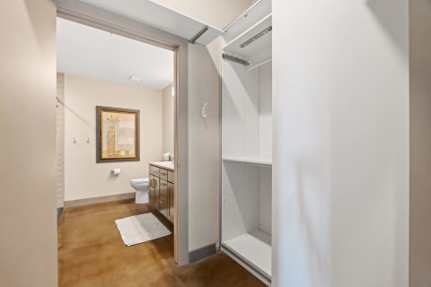A well-lit bathroom featuring a sleek vanity, toilet, and adjacent empty closet.
