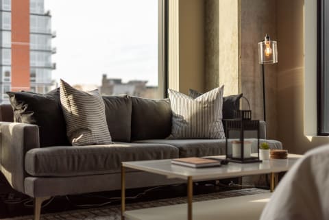 Modern living room with grey couch and stylish pillows