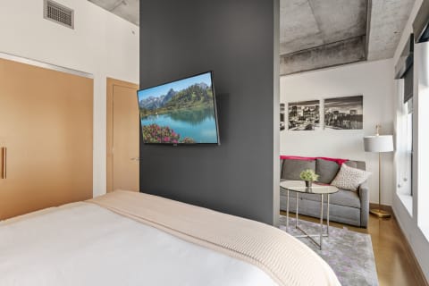 Interior view of a modern apartment bedroom and living area with a bed, TV, sofa, and decorative elements.