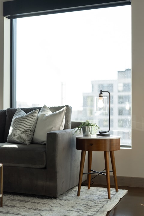 A gray couch with throw pillows next to a wooden side table with a lamp and plant, in a bright living room.