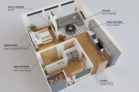 Top-down view of a contemporary studio apartment with designated sleeping, living, and kitchen areas.
