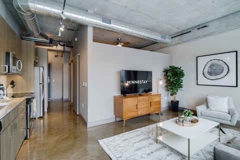 Stylish apartment living area with kitchen and modern furnishings.