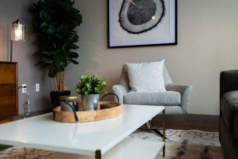 Cozy living room corner featuring an armchair, coffee table, and a faux plant.