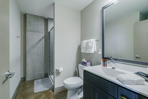 Contemporary bathroom with polished concrete floor and walk-in shower.