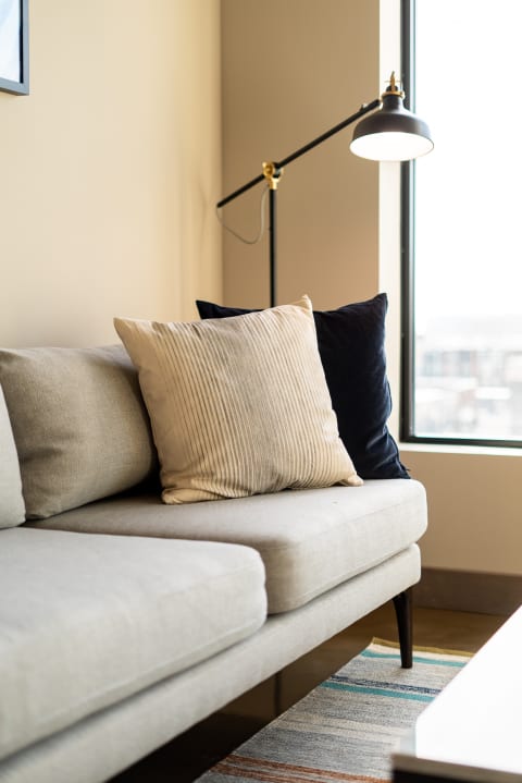 A light gray sofa with two decorative pillows and a floor lamp, next to a window.