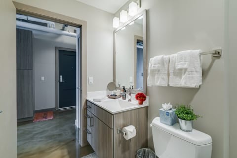 Modern bathroom with a light wooden vanity, white countertop, and decorative elements.