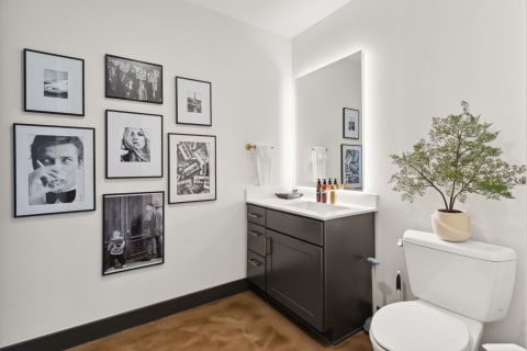 A contemporary bathroom showcasing a minimalist sink, decorative plant, and a collection of framed black and white photographs.