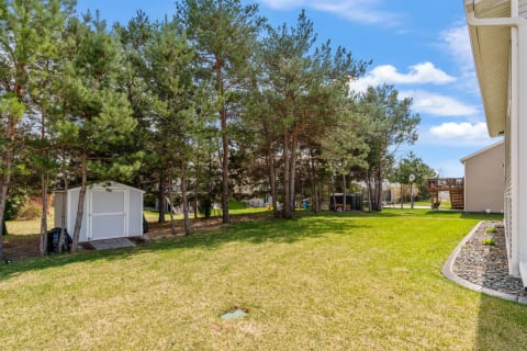 Backyard view with a garden shed surrounded by trees and open grass.