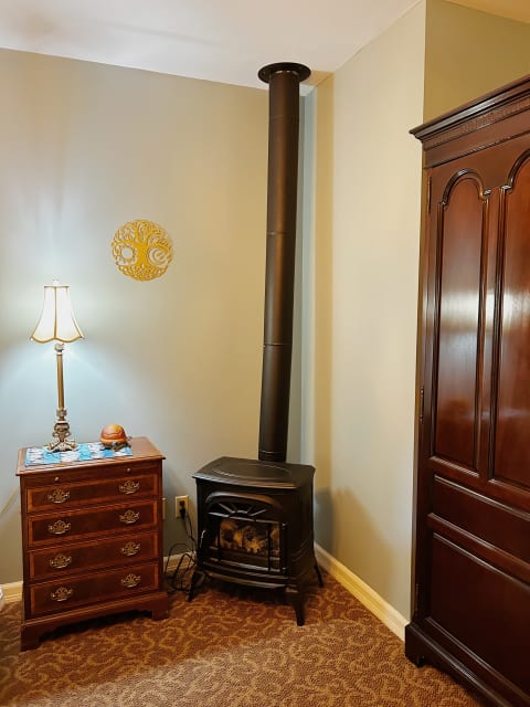 Cozy room featuring a wood-burning stove, antique bedside table with lamp, and a decorative wall piece.