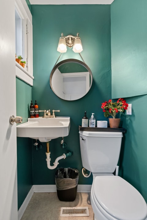 A small bathroom featuring teal walls, a sink, a toilet, and decorative plants.