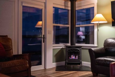 Cozy living room featuring a modern stove, comfortable armchairs, and twilight views.