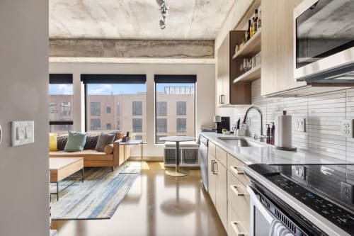 Your modern loft combines sleek kitchen amenities with cozy living space, where you'll enjoy city views from tall windows.
